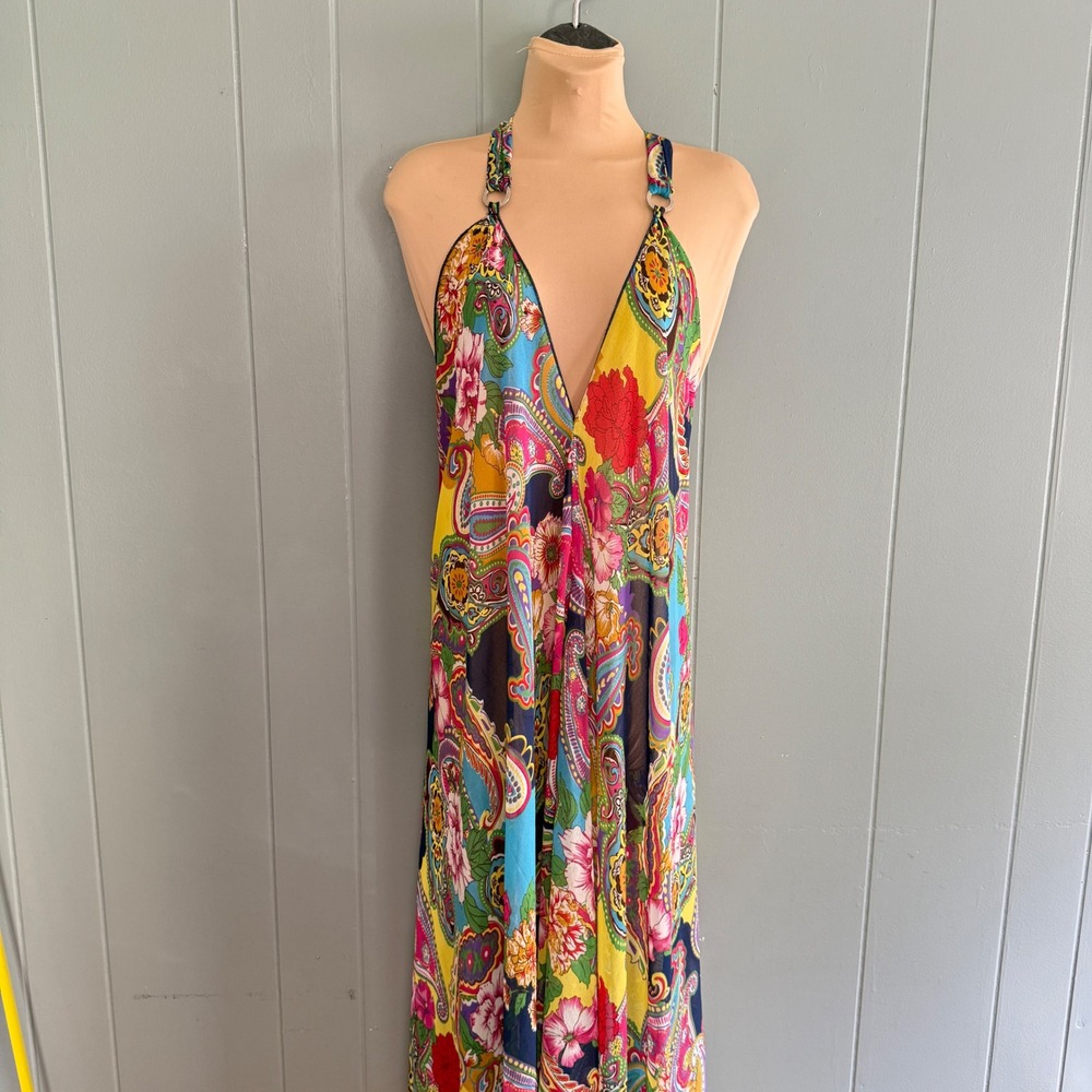 Vintage Zury Sheer Rayon Halter Maxi Dress Cover Up Paisley Floral Free Size 90s